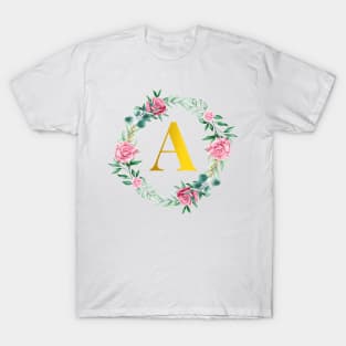 Floral Initial Wreath Monogram letter A T-Shirt